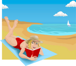 Woman Lying on a Beach Towel on a Beach and Reading a Book Clipart Illustration