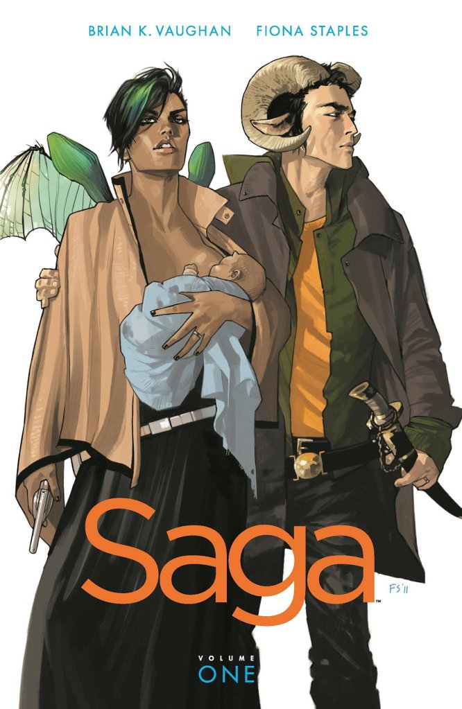 Saga by Brian K. Vaughan book cover that links to RRPL's catalog.