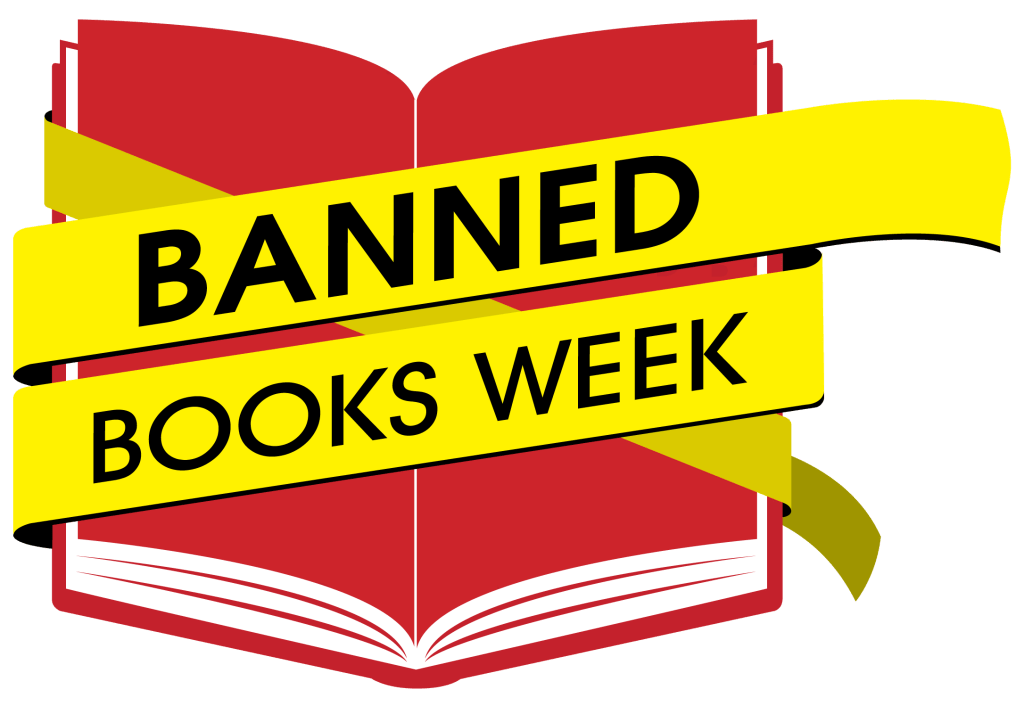 The logo for banned books week: a yellow banner with black text that reads "Banned Books Week" over an icon of a red book.